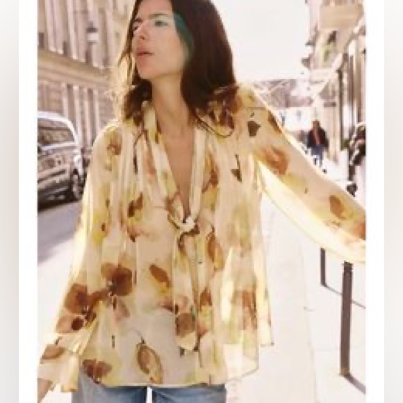 Zara Tops - ZARA Scarf Detail Floral Print Oversized Shirt | Ecru/Yellow
